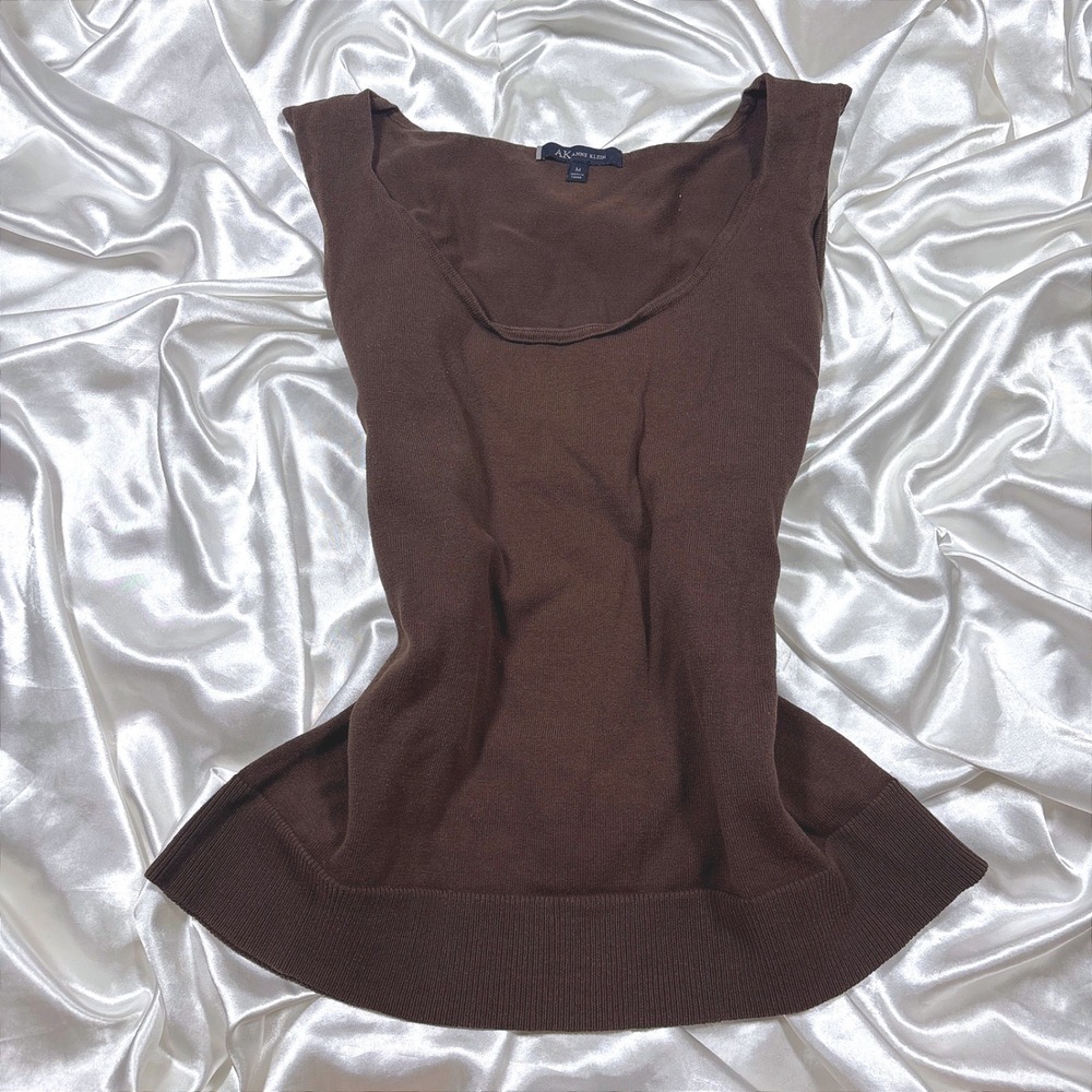 y2k Anne Klein Tank Top Brown Excellent Scoop Neck Peplum Knit Sleeveless M